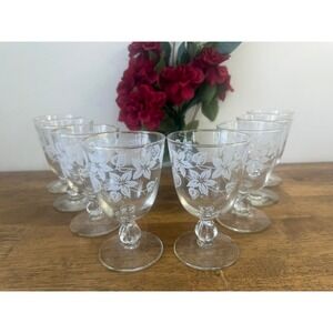 Vintage White Floral Gold Rim Wine Goblets Set of 6‎ Clear Stemmed Glasses Retro